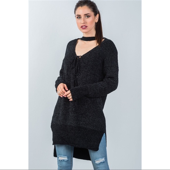 BLACK KEYHOLE CHOKER SWEATER DRESS - Picture 3 of 7